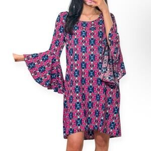 Pink and Blue Fireside Spark Becca Flared Sleeve Knee Dress Small Medium